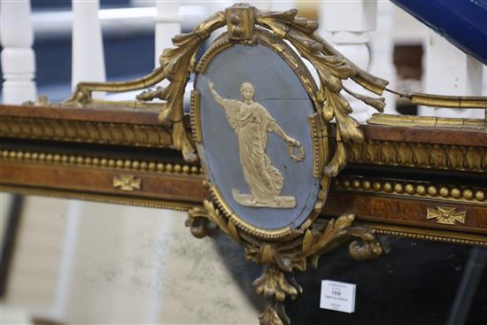 A Victorian amboyna giltwood and gesso overmantel mirror with oval jasper pediment, W.153, H.148cm